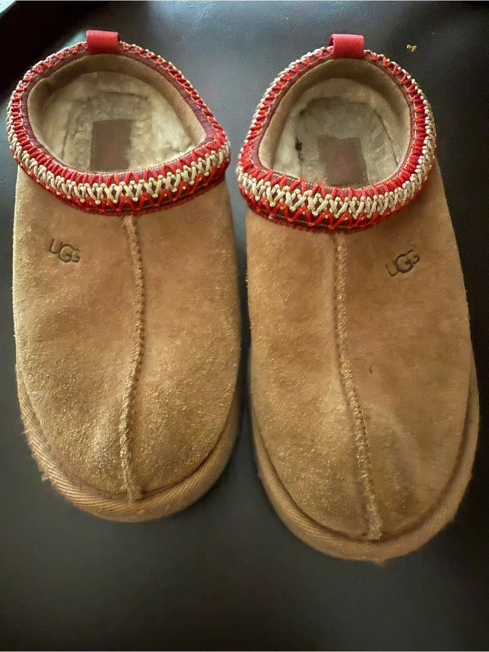 UGG Chestnut Suede Slip-On Mules with Red Accent size youth 1